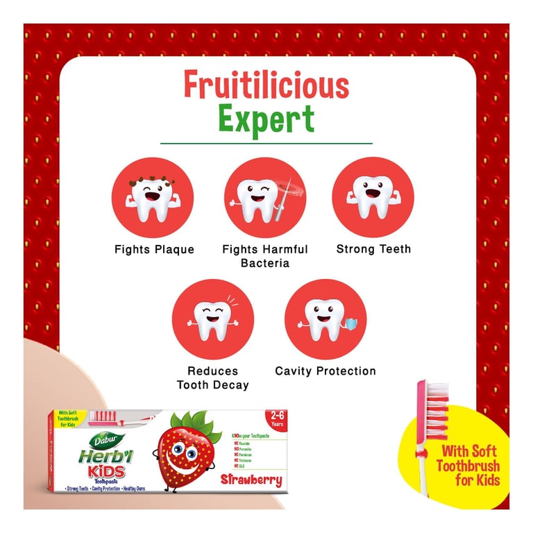 Dabur Herb&#39;l Kids Toothpaste Strawberry With Soft Toothbrush Multicolour 50g