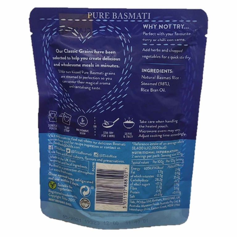 Tilda Pure Basmati Steamed Basmati Rice 250g