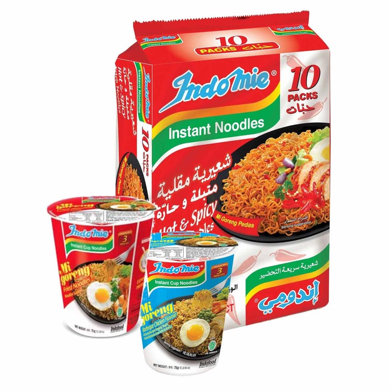 Indomie Instant Mi Goreng Hot &amp; Spicy Fried Noodles 80g Pack of 10 With Cups Noodles 75g Pack of 2