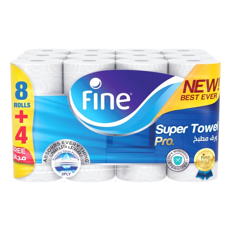 Fine Kitchen Tissue Roll Super Towel Pro 60 Sheets X 3 Ply 12 Rolls