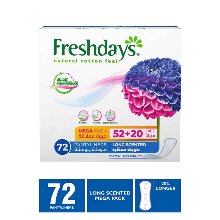 Freshdays Natural Cotton Feel Long Scented Pantyliners 72 Count