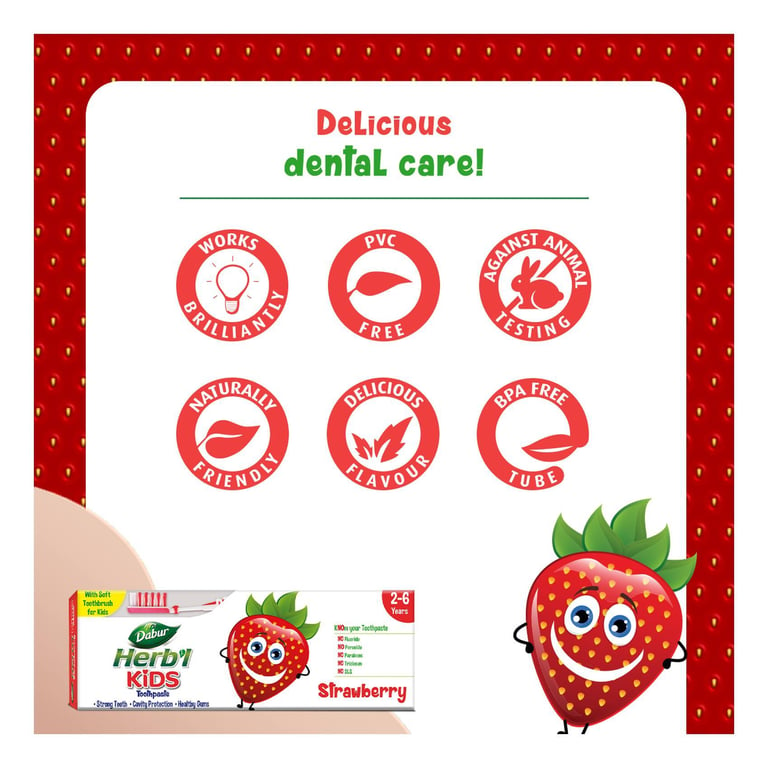 Dabur Herb&#39;l Kids Toothpaste Strawberry With Soft Toothbrush Multicolour 50g