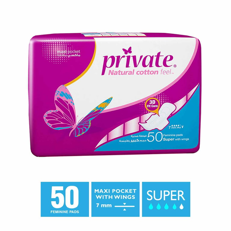 Private Maxi Pocket Tri-Fold Super Sanitary Pads White 50 Pads