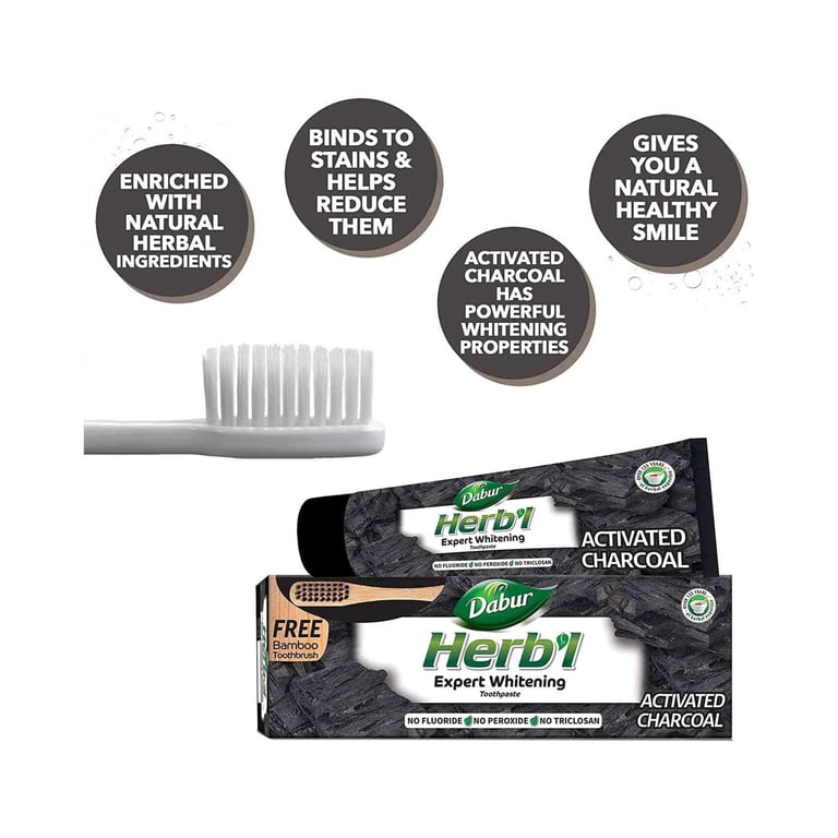 Dabur Herbal Expert Whitening Charcoal Toothpaste With Toothbrush Black 150g