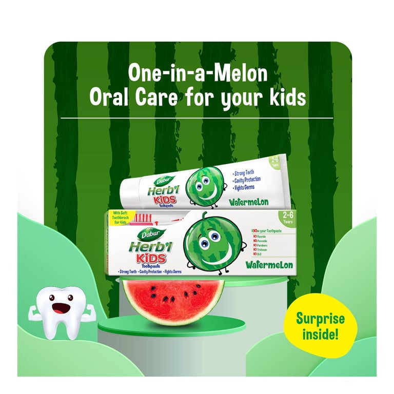 Dabur Herb&#39;l Kids Toothpaste Watermelon With Soft Toothbrush Multicolour 50g