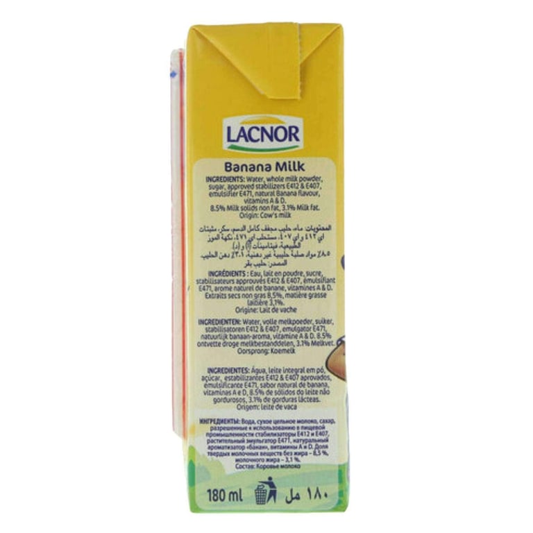 Lacnor Essentials Banana Flavoured Milk 180ml Pack of 8