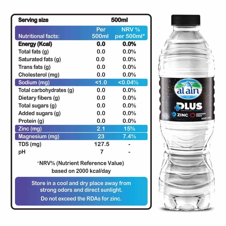 Al Ain Plus water Fortified with Zinc &amp; Zero Sodium 500ml Pack of 6