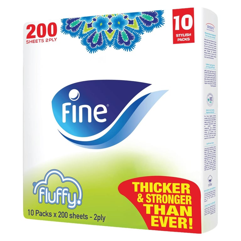 Fine Facial Tissue Fluffy Pack 200 Sheets X 2 Ply Pack Of 10&nbsp;