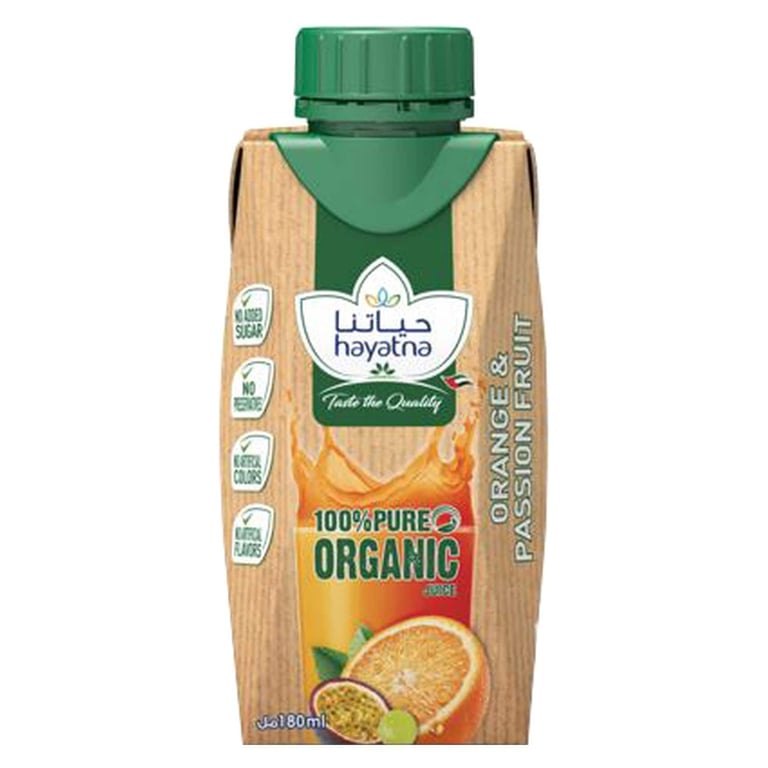 Hayatna 100% Pure No Added Sugar Organic Orange And Passion Fruit Juice 180ml