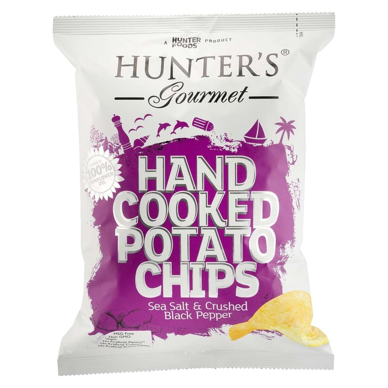 Hunters Gourmet Sea Salt And Crushed Black Pepper Hand Cooked Potato Chips 125g