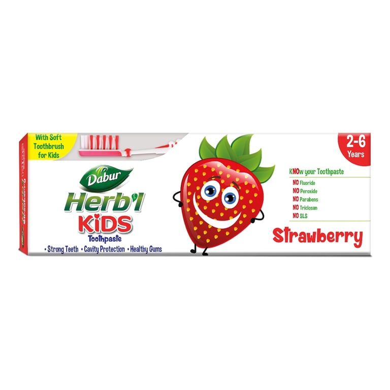 Dabur Herb&#39;l Kids Toothpaste Strawberry With Soft Toothbrush Multicolour 50g