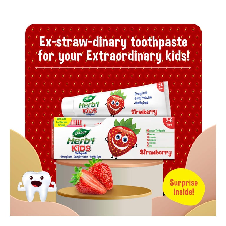 Dabur Herb&#39;l Kids Toothpaste Strawberry With Soft Toothbrush Multicolour 50g